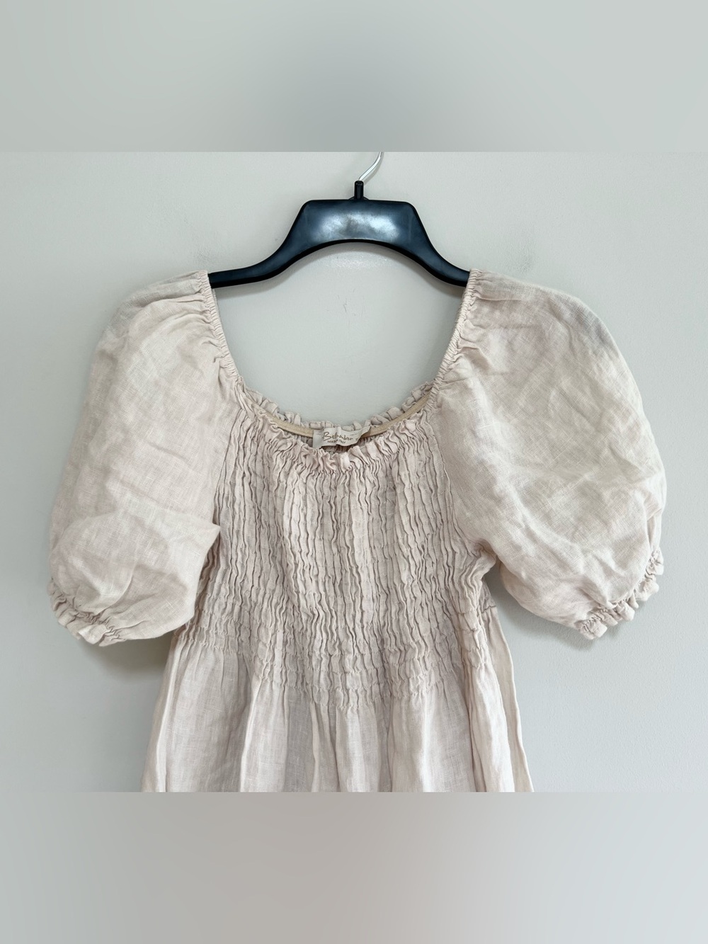Bellambra Italian Linen Smocked Puff Sleeve Boho Dress Natural Beige size Small - Picture 4 of 9
